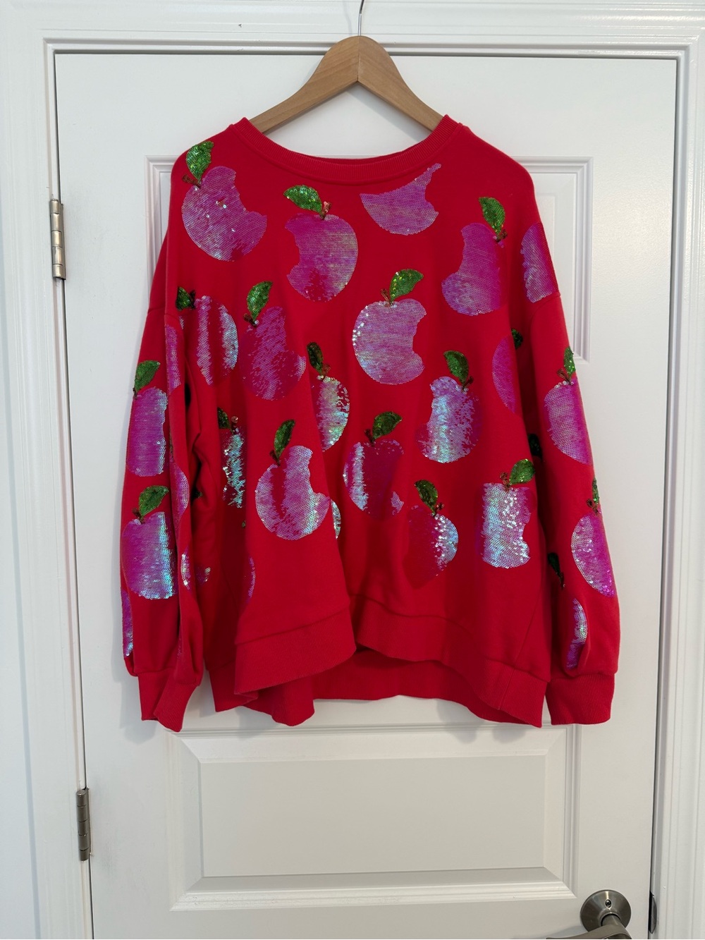 QOS: Red Sequin Apple Print Women's Sweater